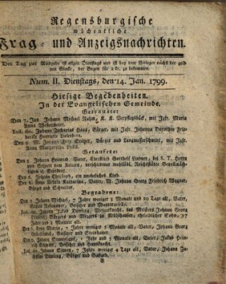 Regensburgische wöchentliche Frag- und Anzeigsnachrichten (Regensburger Wochenblatt) Dienstag 14. Januar 1800