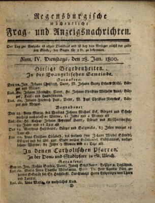 Regensburgische wöchentliche Frag- und Anzeigsnachrichten (Regensburger Wochenblatt) Dienstag 28. Januar 1800