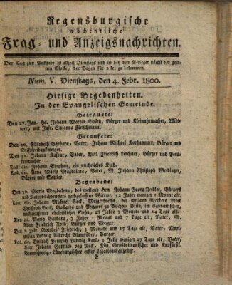 Regensburgische wöchentliche Frag- und Anzeigsnachrichten (Regensburger Wochenblatt) Dienstag 4. Februar 1800