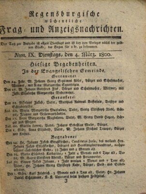 Regensburgische wöchentliche Frag- und Anzeigsnachrichten (Regensburger Wochenblatt) Dienstag 4. März 1800