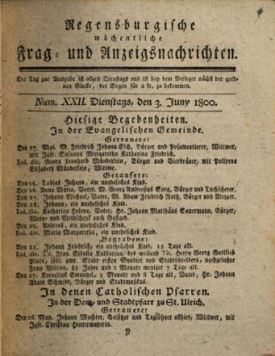 Regensburgische wöchentliche Frag- und Anzeigsnachrichten (Regensburger Wochenblatt) Dienstag 3. Juni 1800