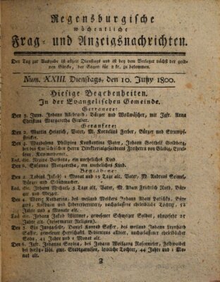Regensburgische wöchentliche Frag- und Anzeigsnachrichten (Regensburger Wochenblatt) Dienstag 10. Juni 1800