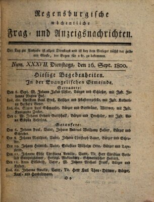 Regensburgische wöchentliche Frag- und Anzeigsnachrichten (Regensburger Wochenblatt) Dienstag 16. September 1800