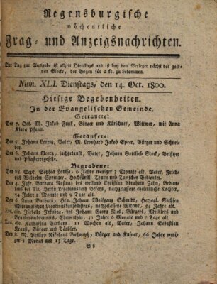 Regensburgische wöchentliche Frag- und Anzeigsnachrichten (Regensburger Wochenblatt) Dienstag 14. Oktober 1800