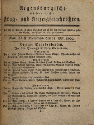 Regensburgische wöchentliche Frag- und Anzeigsnachrichten (Regensburger Wochenblatt) Dienstag 21. Oktober 1800