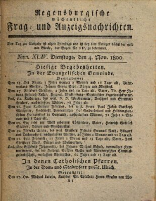 Regensburgische wöchentliche Frag- und Anzeigsnachrichten (Regensburger Wochenblatt) Dienstag 4. November 1800
