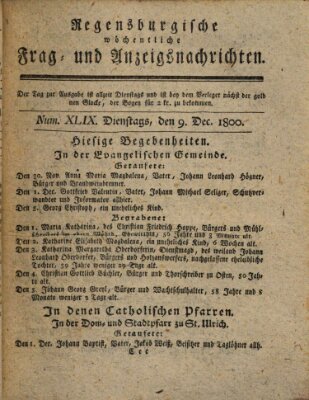 Regensburgische wöchentliche Frag- und Anzeigsnachrichten (Regensburger Wochenblatt) Dienstag 9. Dezember 1800