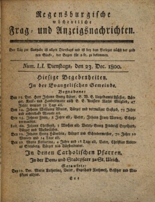 Regensburgische wöchentliche Frag- und Anzeigsnachrichten (Regensburger Wochenblatt) Dienstag 23. Dezember 1800