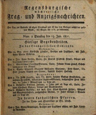 Regensburgische wöchentliche Frag- und Anzeigsnachrichten (Regensburger Wochenblatt) Dienstag 13. Januar 1801