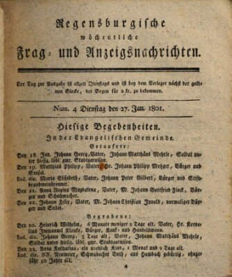 Regensburgische wöchentliche Frag- und Anzeigsnachrichten (Regensburger Wochenblatt) Dienstag 27. Januar 1801