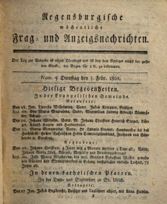 Regensburgische wöchentliche Frag- und Anzeigsnachrichten (Regensburger Wochenblatt) Dienstag 3. Februar 1801