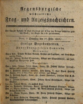 Regensburgische wöchentliche Frag- und Anzeigsnachrichten (Regensburger Wochenblatt) Dienstag 17. Februar 1801