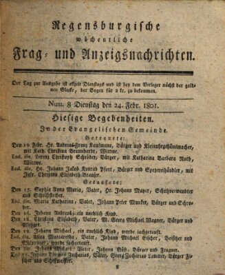 Regensburgische wöchentliche Frag- und Anzeigsnachrichten (Regensburger Wochenblatt) Dienstag 24. Februar 1801