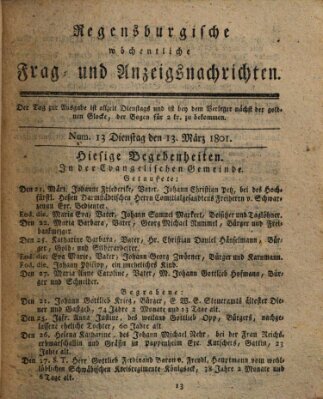 Regensburgische wöchentliche Frag- und Anzeigsnachrichten (Regensburger Wochenblatt) Dienstag 31. März 1801