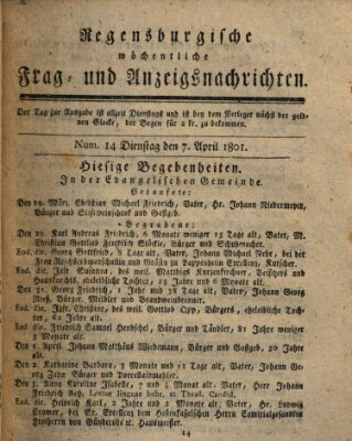 Regensburgische wöchentliche Frag- und Anzeigsnachrichten (Regensburger Wochenblatt) Dienstag 7. April 1801