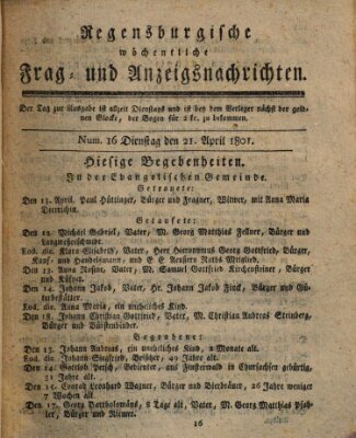 Regensburgische wöchentliche Frag- und Anzeigsnachrichten (Regensburger Wochenblatt) Dienstag 21. April 1801