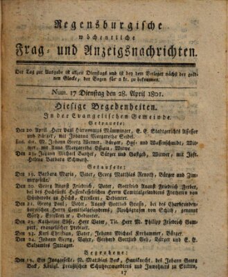 Regensburgische wöchentliche Frag- und Anzeigsnachrichten (Regensburger Wochenblatt) Dienstag 28. April 1801