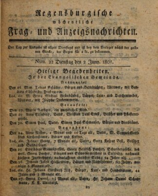 Regensburgische wöchentliche Frag- und Anzeigsnachrichten (Regensburger Wochenblatt) Dienstag 2. Juni 1801