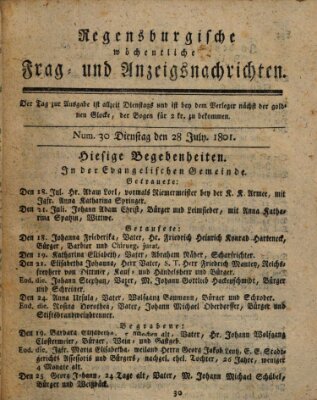 Regensburgische wöchentliche Frag- und Anzeigsnachrichten (Regensburger Wochenblatt) Dienstag 28. Juli 1801