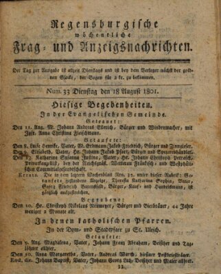 Regensburgische wöchentliche Frag- und Anzeigsnachrichten (Regensburger Wochenblatt) Dienstag 18. August 1801