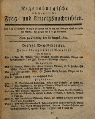 Regensburgische wöchentliche Frag- und Anzeigsnachrichten (Regensburger Wochenblatt) Dienstag 25. August 1801