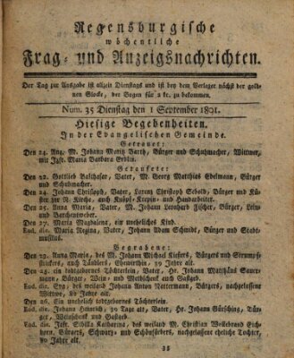 Regensburgische wöchentliche Frag- und Anzeigsnachrichten (Regensburger Wochenblatt) Dienstag 1. September 1801