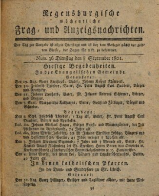 Regensburgische wöchentliche Frag- und Anzeigsnachrichten (Regensburger Wochenblatt) Dienstag 8. September 1801