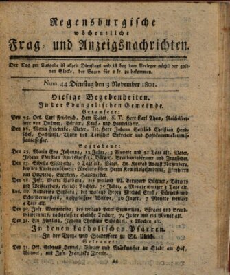 Regensburgische wöchentliche Frag- und Anzeigsnachrichten (Regensburger Wochenblatt) Dienstag 3. November 1801