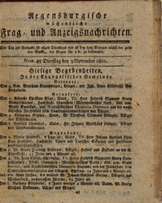 Regensburgische wöchentliche Frag- und Anzeigsnachrichten (Regensburger Wochenblatt) Montag 9. November 1801