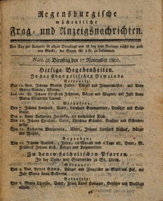 Regensburgische wöchentliche Frag- und Anzeigsnachrichten (Regensburger Wochenblatt) Dienstag 17. November 1801