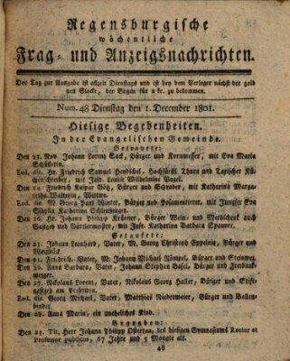 Regensburgische wöchentliche Frag- und Anzeigsnachrichten (Regensburger Wochenblatt) Dienstag 1. Dezember 1801