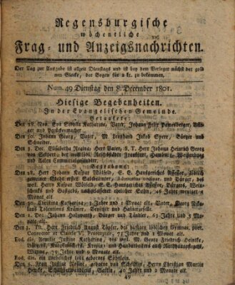 Regensburgische wöchentliche Frag- und Anzeigsnachrichten (Regensburger Wochenblatt) Dienstag 8. Dezember 1801