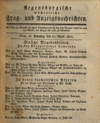 Regensburgische wöchentliche Frag- und Anzeigsnachrichten (Regensburger Wochenblatt) Dienstag 20. April 1802