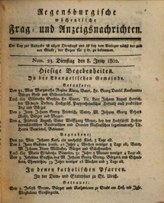 Regensburgische wöchentliche Frag- und Anzeigsnachrichten (Regensburger Wochenblatt) Dienstag 8. Juni 1802