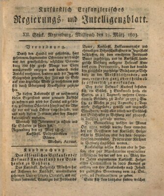 Kurfürstlich-Erzkanzlerisches Regierungs- und Intelligenzblatt (Regensburger Wochenblatt) Mittwoch 23. März 1803