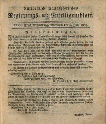 Kurfürstlich-Erzkanzlerisches Regierungs- und Intelligenzblatt (Regensburger Wochenblatt) Mittwoch 6. Juli 1803