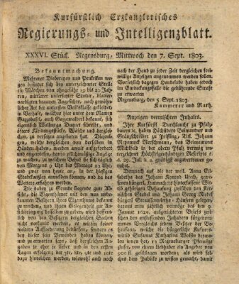 Kurfürstlich-Erzkanzlerisches Regierungs- und Intelligenzblatt (Regensburger Wochenblatt) Mittwoch 7. September 1803