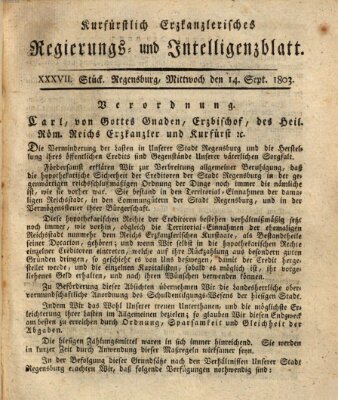 Kurfürstlich-Erzkanzlerisches Regierungs- und Intelligenzblatt (Regensburger Wochenblatt) Mittwoch 14. September 1803