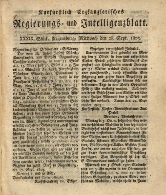 Kurfürstlich-Erzkanzlerisches Regierungs- und Intelligenzblatt (Regensburger Wochenblatt) Mittwoch 28. September 1803