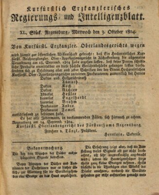 Kurfürstlich-Erzkanzlerisches Regierungs- und Intelligenzblatt (Regensburger Wochenblatt) Mittwoch 3. Oktober 1804