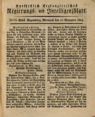 Kurfürstlich-Erzkanzlerisches Regierungs- und Intelligenzblatt (Regensburger Wochenblatt) Mittwoch 21. November 1804