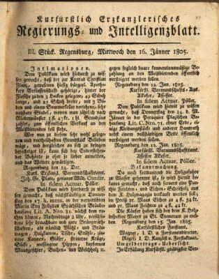 Kurfürstlich-Erzkanzlerisches Regierungs- und Intelligenzblatt (Regensburger Wochenblatt) Mittwoch 16. Januar 1805