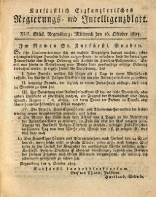 Kurfürstlich-Erzkanzlerisches Regierungs- und Intelligenzblatt (Regensburger Wochenblatt) Mittwoch 16. Oktober 1805