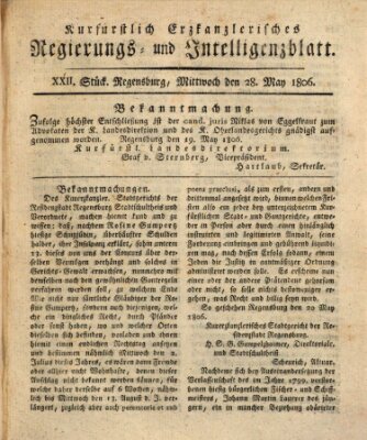 Kurfürstlich-Erzkanzlerisches Regierungs- und Intelligenzblatt (Regensburger Wochenblatt) Mittwoch 28. Mai 1806