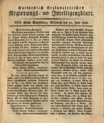 Kurfürstlich-Erzkanzlerisches Regierungs- und Intelligenzblatt (Regensburger Wochenblatt) Mittwoch 30. Juli 1806