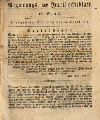 Regierungs- und Intelligenzblatt (Regensburger Wochenblatt) Mittwoch 22. April 1807