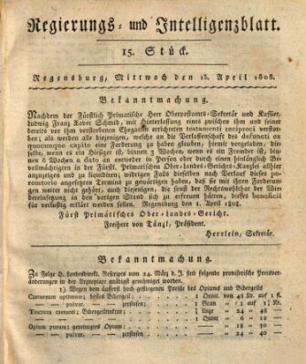 Regierungs- und Intelligenzblatt (Regensburger Wochenblatt) Mittwoch 13. April 1808