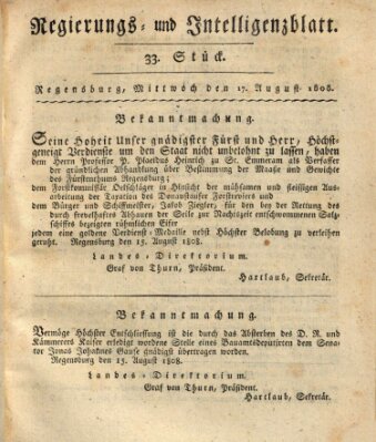 Regierungs- und Intelligenzblatt (Regensburger Wochenblatt) Mittwoch 17. August 1808