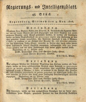 Regierungs- und Intelligenzblatt (Regensburger Wochenblatt) Mittwoch 9. November 1808