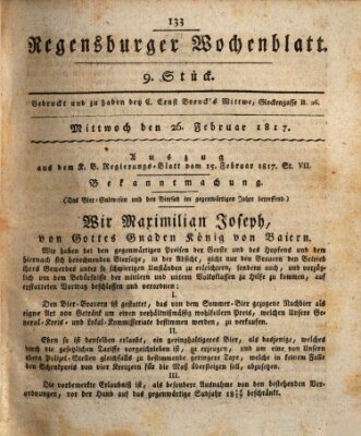 Regensburger Wochenblatt Mittwoch 26. Februar 1817